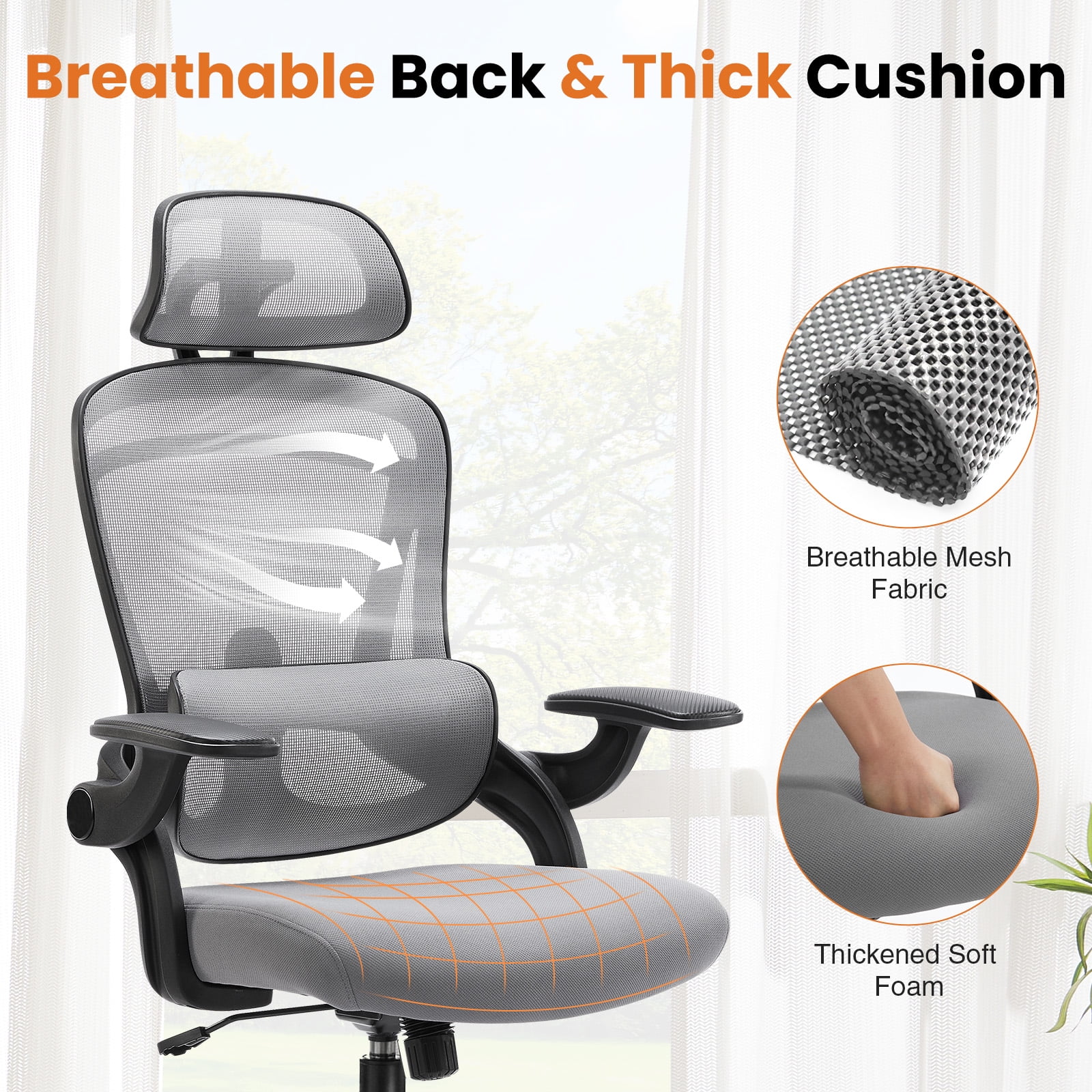 GIANNA Ergonomic Mesh Office Chair, High Back Desk Chair with Adjustable Lumbar Support, Headrest & Armrests, Swivel Task Chair, Grey