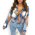 thumbnail image 5 of Womens Collared V Neck Blouse Tops Button Down Shirts African Printed Ethnic Style Blouses Long Sleeve Casual Loose T Shirt, 5 of 5