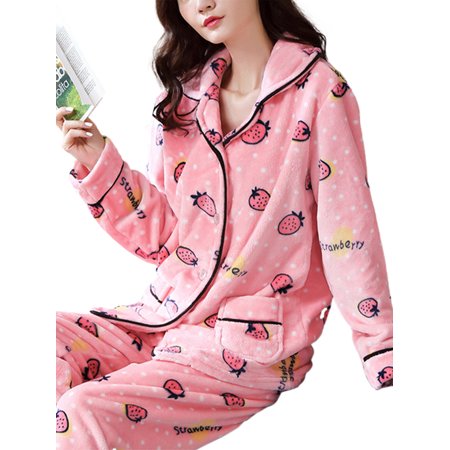 

Cindysus Ladies Pajamas Sets Button Down Nightgown Lapel Sleepwear Casual Velvet Long Sleeve Nightwear Pink Strawberry L