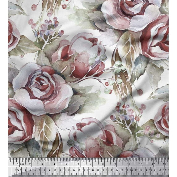 Soimoi Rayon Fabric Leaves & Rose Flower Print Fabric by The Yard 42 Inch Wide