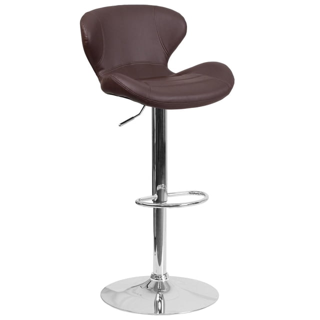 Contemporary Blue Fabric Adjustable Height Barstool with Curved Back and Chrome Base