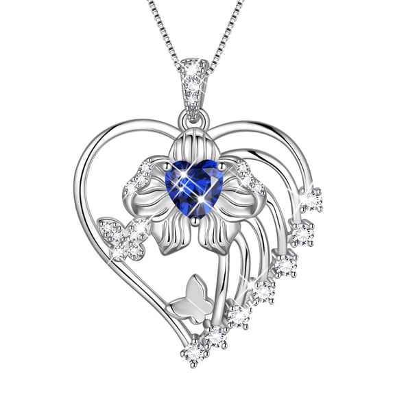 Beautlace 18K White Gold Plated Heart Birthstone Necklace for Women,Orchid Butterfly Pendant Jewelry Gift for Wife Mom Girlfriend,Birthday Valentine’s Day Mother’s Day Gift