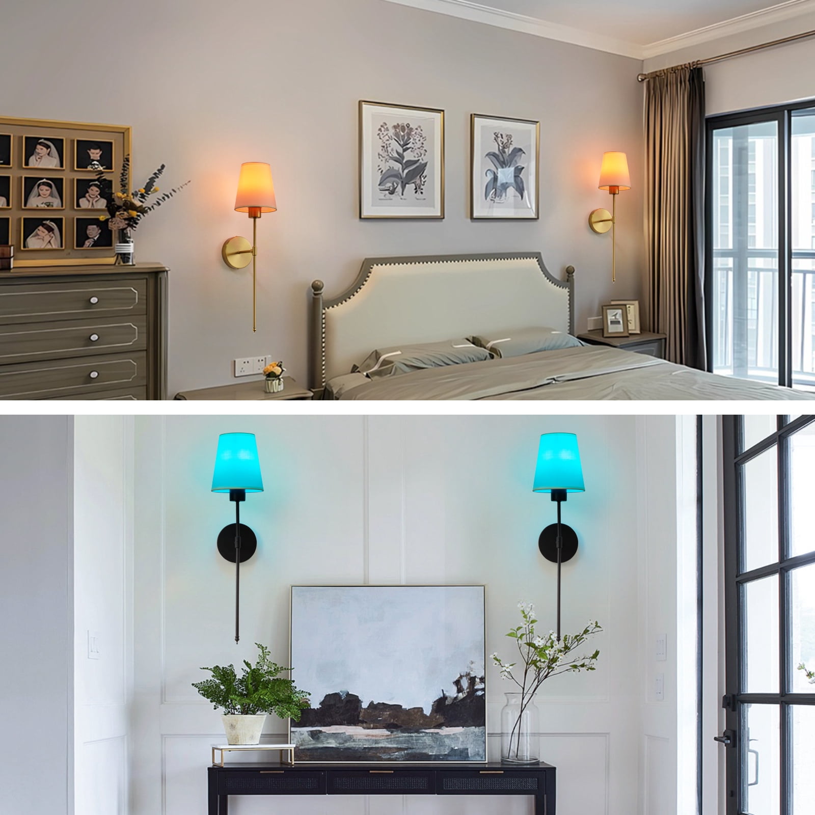 Wireless Rechargeable Wall Sconce Set of 2, RGB Dimmable Light with 15 Colors and Remote Control, Modern Wall Lamp for Bedroom, Living Room, Hallway