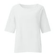 thumbnail image 4 of Women's 3/4 Length Sleeve Tops Cotton Linen Plus Size Shirts Solid Color Crew Neck Fashion Casual Loose Blouses (XL, White), 4 of 7