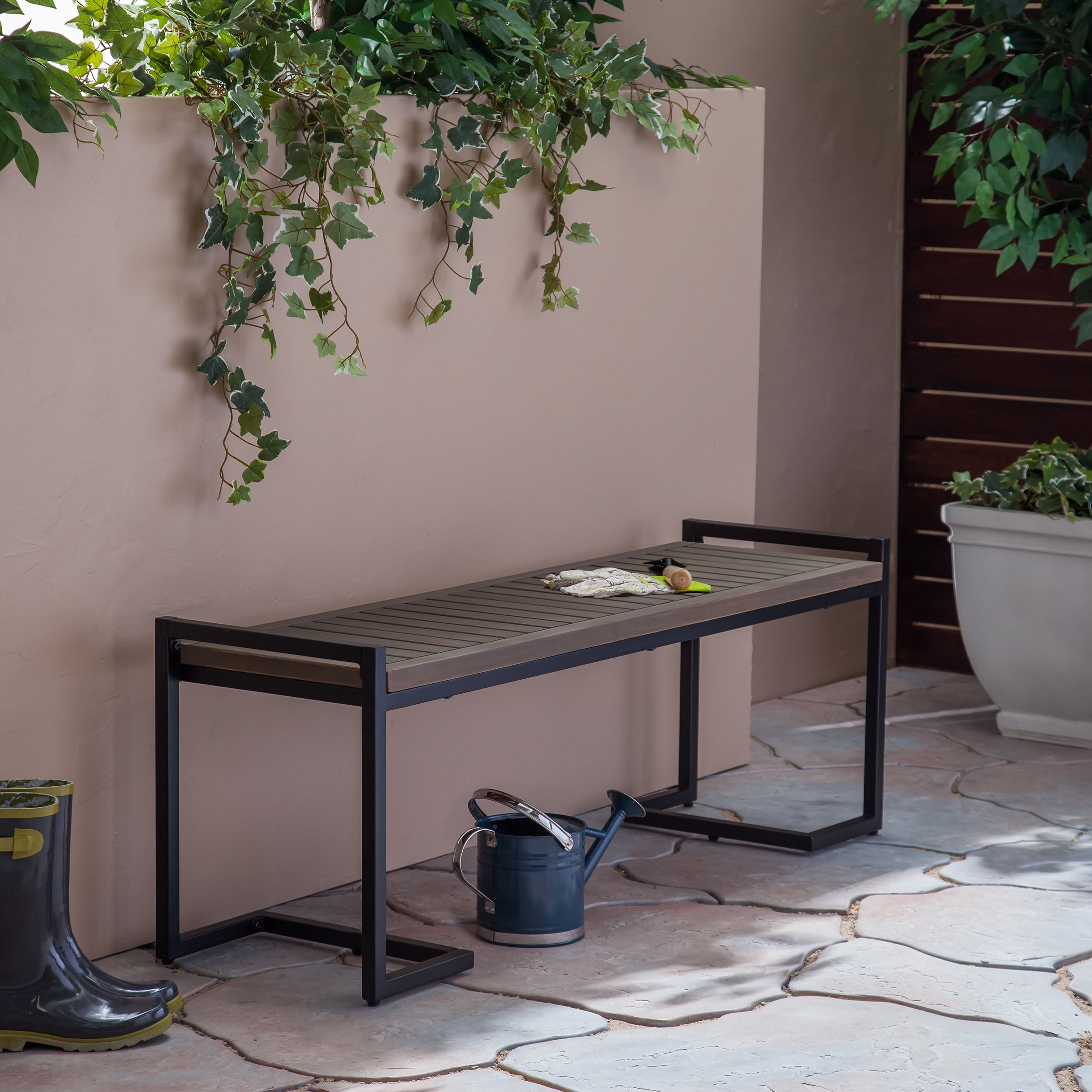 Outdoor Industrial Style Leisure Bench, Wood and Metal Combined Rest Seat for Patio Garden, Gray and Black