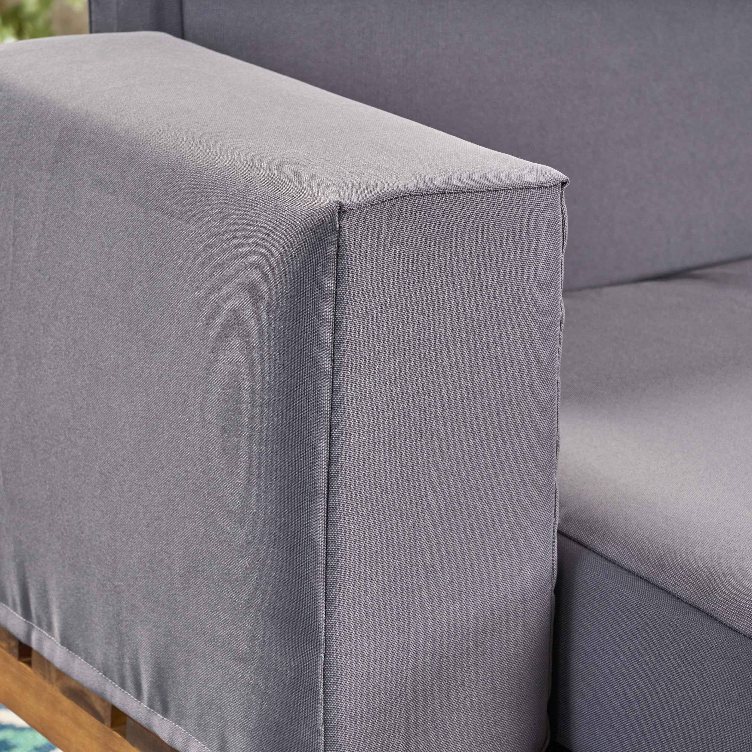 Outdoor 2 Seater Sofa, Acacia Wood Frame with Metal Legs Leisure Couch for Patio Garden, Teak and Dark Gray