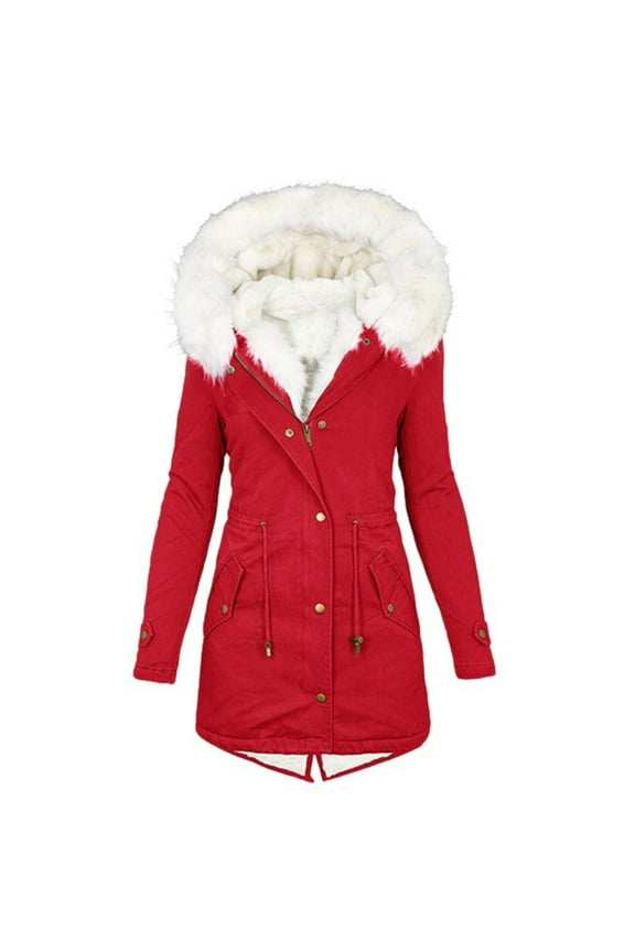 Sherpa Lined Parkas Jacket for Women with Faux Fur Hood Thickened Warm Coat Fleece Plush Cotton Tunic Long Overcoat (Medium, Red)