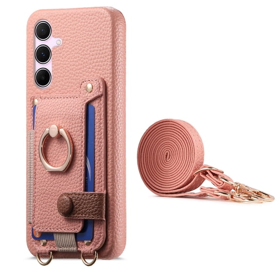 For Samsung Galaxy S25 Phone Case,With 360ยฐ Rotatable Ring Kickstand,Detachable Long Shoulder Strap,Card Slots,Shockproof Anti-fall Leather Anti-Scratch Back,Durable Wallet Case,Pink