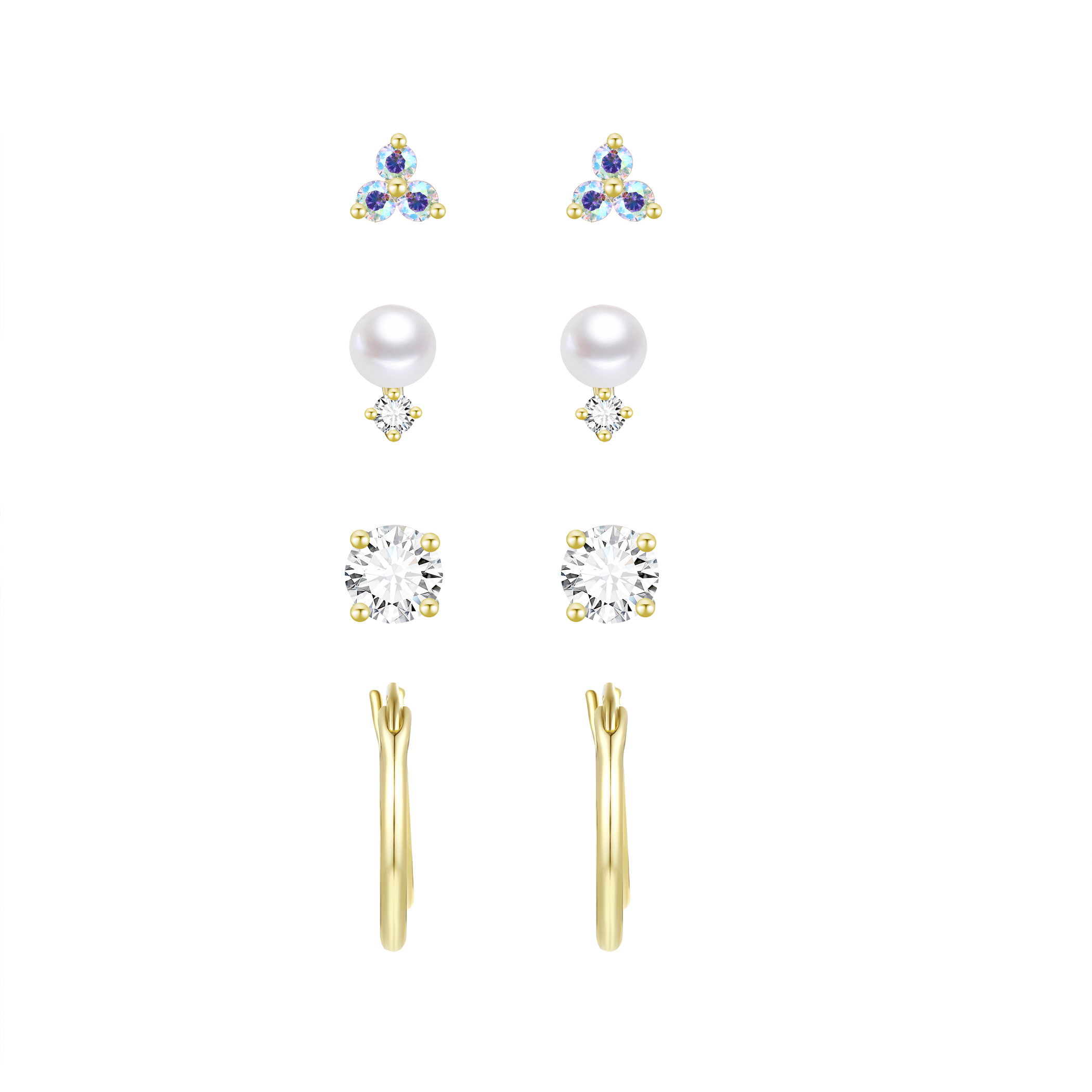 Brilliance Fine Jewelry Women's Simulated Diamond Earring Set with Double Row Clicktop Hoop in 14KT Gold Plated Sterling Silver
