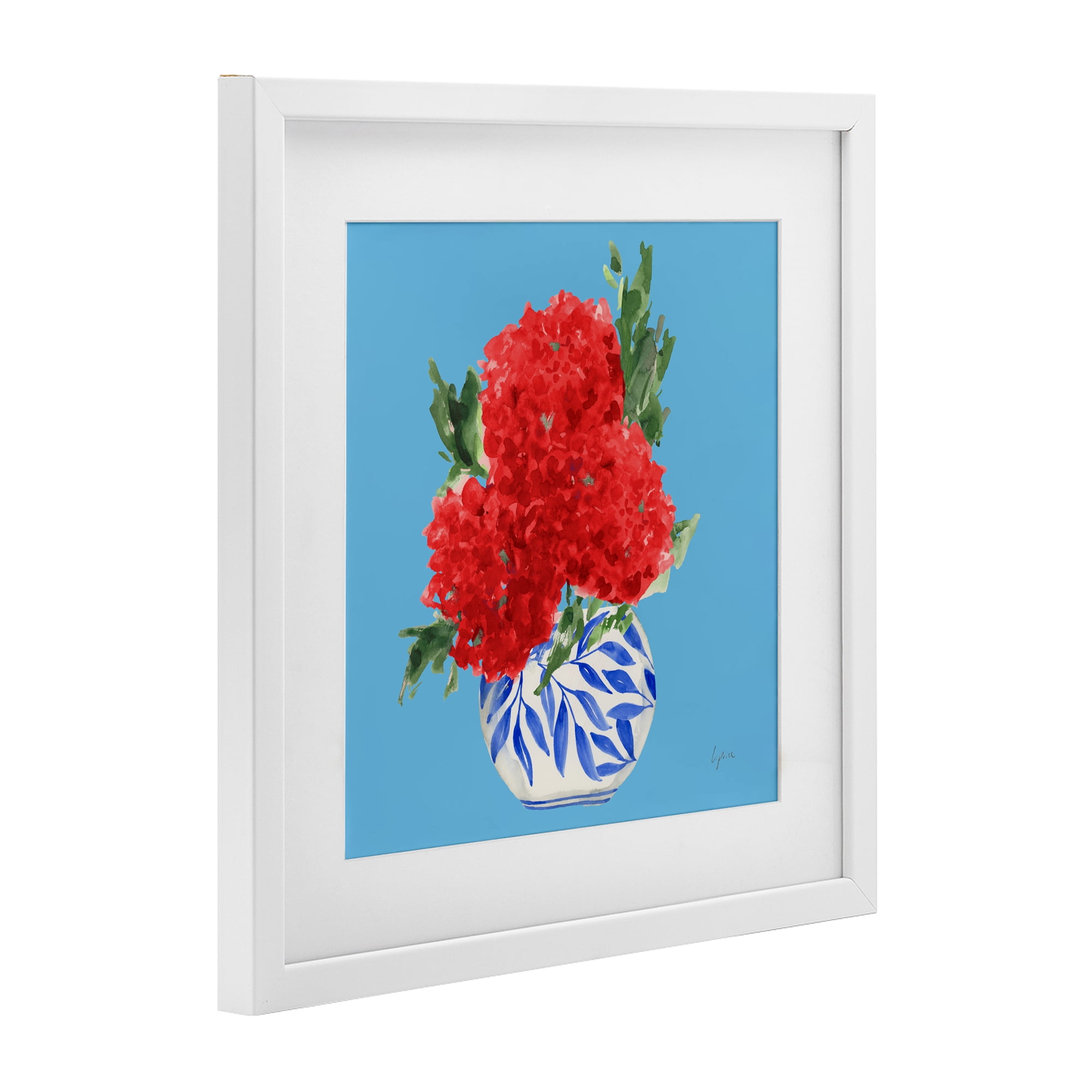 Stupell Industries Red Hydrangeas Blue Vase White Framed Print Under Glass, design by Lucille Price