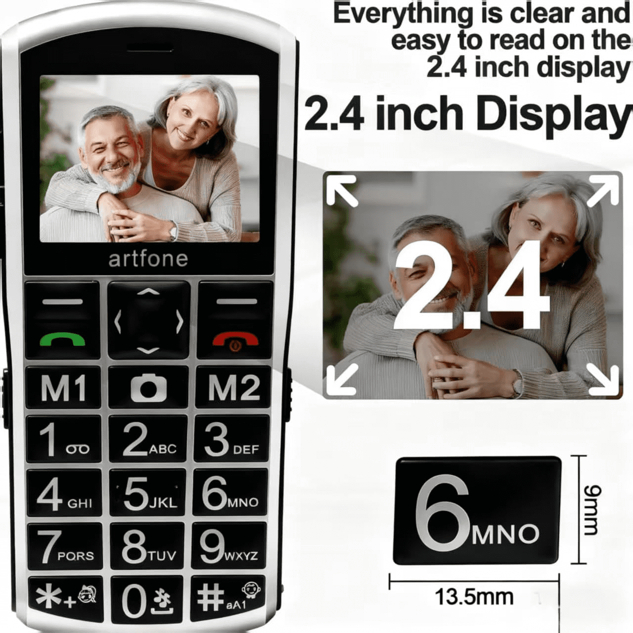 artfone A400 - 4G LTE Big Button Cell Phone for Seniors, T-Mobile Unlocked Phone, Senior Mobile Phone, Dual SIM, SOS Button, 2MP Camera, Charging Dock, Talk and Text Only, Dumb Phone, 1800mAh, Silver