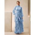 thumbnail image 3 of Womens Baby Blue High Neck Long Sleeve Pleated Maxi Dress With Ruffle Hem, 3 of 6