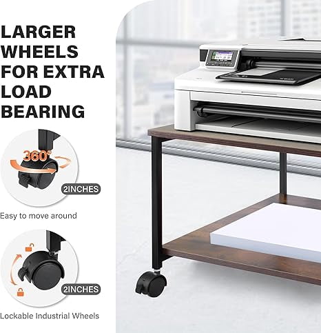 Heavy Duty  Printer Stand with Locking Wheels,  Large Printer Table Shelf, Holds 100 lbs per Shelf - Fits Most 60" Desks, Perfect for Office, Home, Laser Printer or Mini Fridge