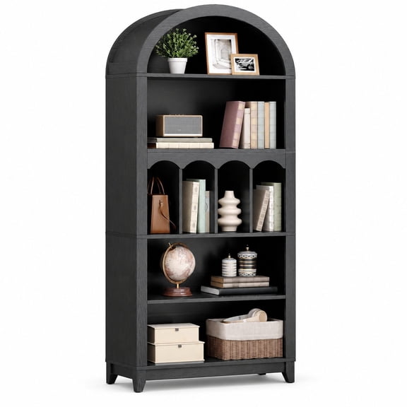 70.9" Tall Arched Farmhouse Bookshelf, Black Wooden 5-Tier Open Storage Unit for Living Room, Bedroom, Home Office