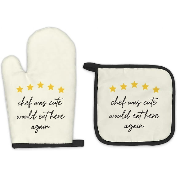 Funny Chef Oven Mitts and Pot Holders Sets, Chef Gifts Kitchen Accessories Sets, Gifts for Chefs Women Men, Chef was Cute Would Eat Here Again Heat Resistant Oven Glove Potholders for Kitchen