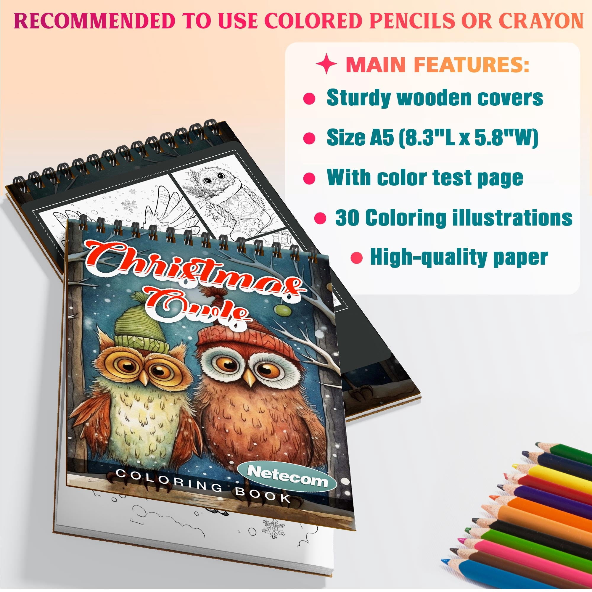 Netecom Christmas Owls Coloring Book Spiral Bound for Adults, A5 Wooden Cover, 30 Charming Coloring Pages of Playful Owls in Holiday Winter Scenes for Stress Relief and Relaxation