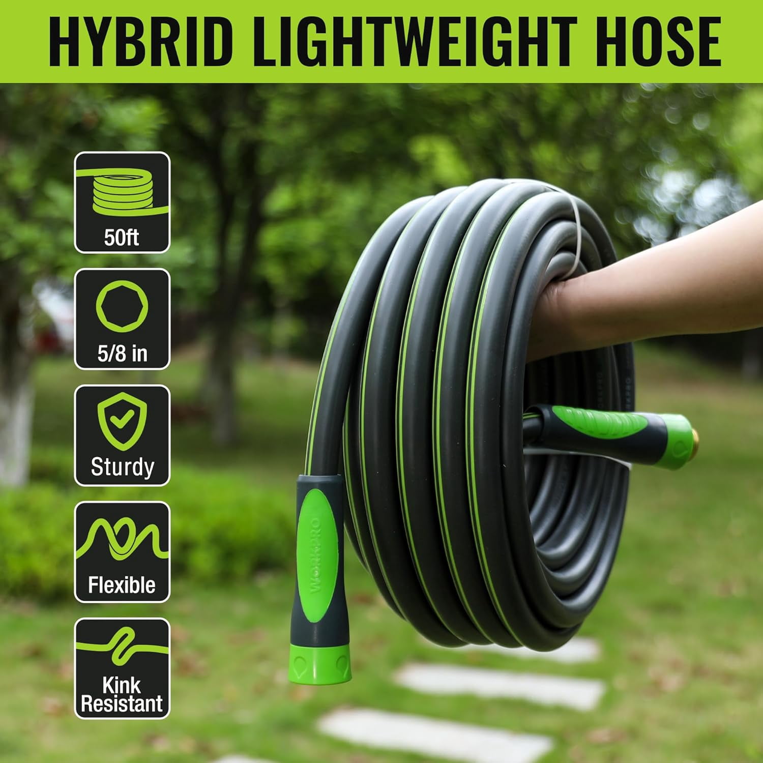 5/8 IN x 50 FT Heavy Duty Garden Hose, Flexible & Lightweight with 360° Handle, 3/4 GHT Brass Fittings for Outdoor Use