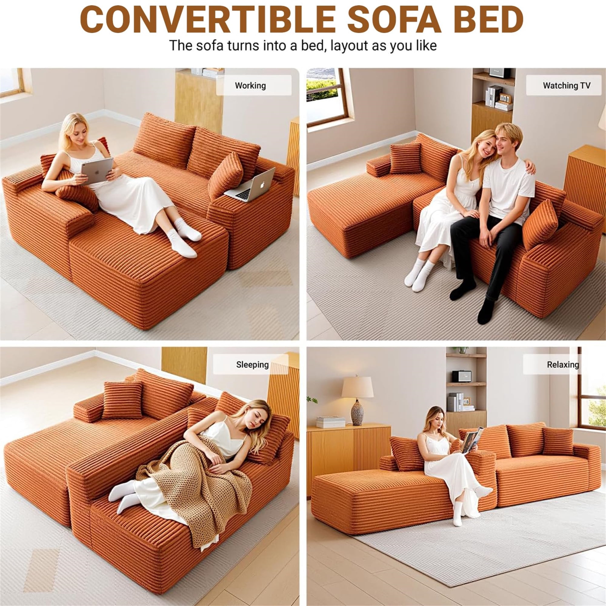 Aukfa 105" Cloud Sectional Sofa Boneless Couch Modular Sofa Bed for Living Room, 2Pillows, Right Chiase, Corduroy, Orange