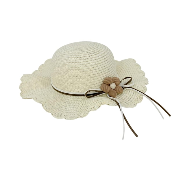 Sombrero Para Playa De Niña Ondulado Tejido De Paja Con Flor crema