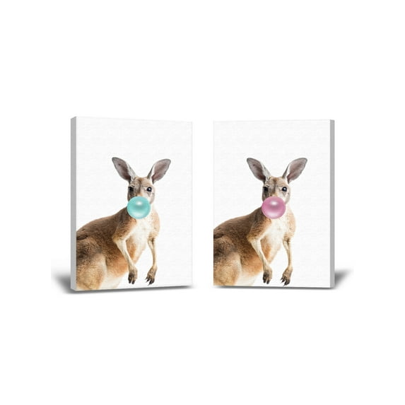 Awkward Styles Kangaroo Blow Blue Bubble Gum Prints Animal Decor Pink Bubble Gum Cute Artwork for Office Decor Ideas Kangaroo with Bubble Gum Canvas Gift Kangaroo Wall Art Set of 2 Art Lovers Gifts