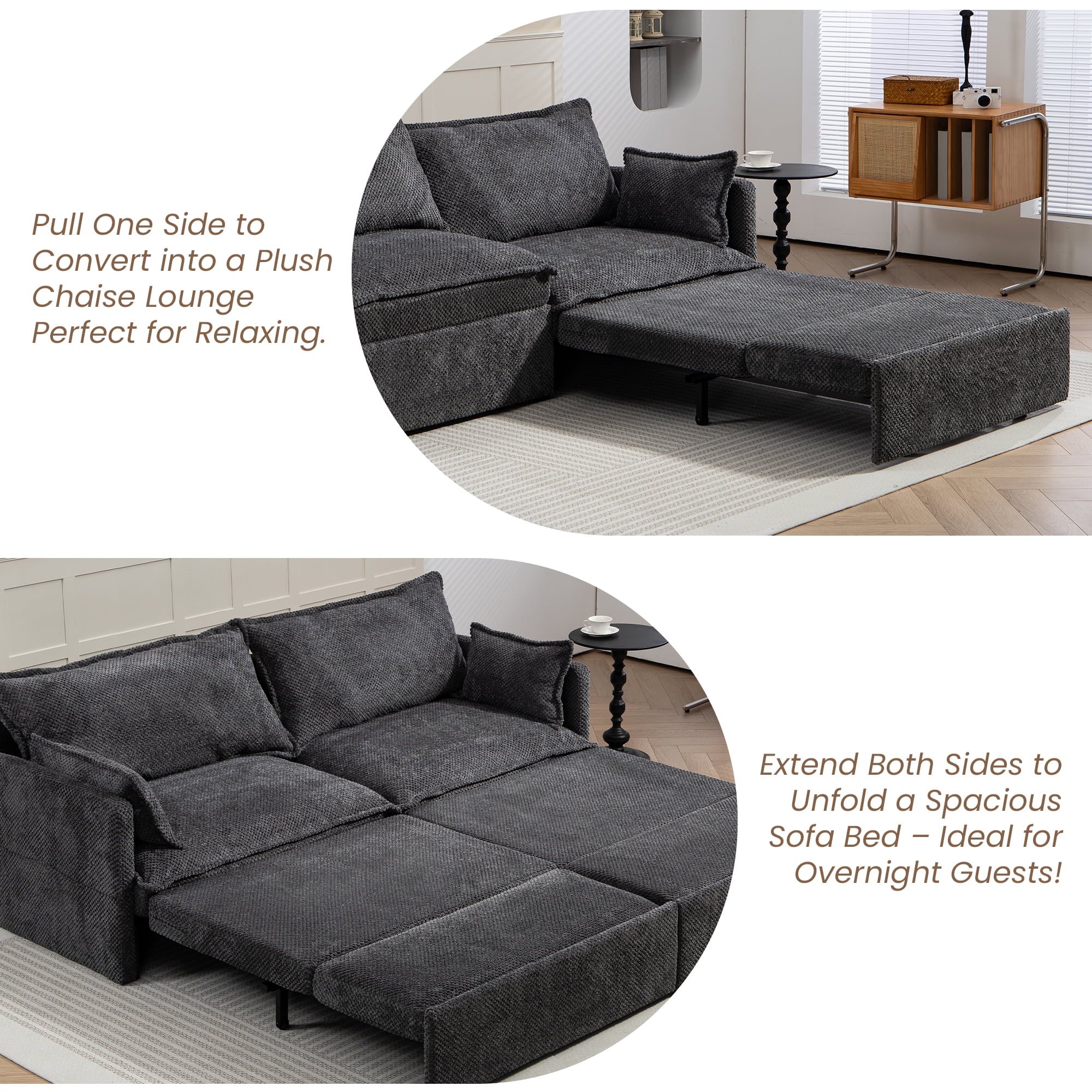 73.6'' Pull Out Sofa Bed, 3 in 1 Convertible Sleeper Loveseat Sofa, Pull Out Couch with USB Charging, Side Pockets for Living Room, Apartment, Small Spaces (Corduroy, Gray)