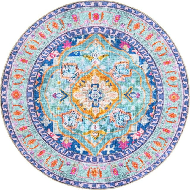Unique Loom Tapis de Bordure de Médaillon Revival 3' 6 x 3' 6 Rond Bleu/serrure