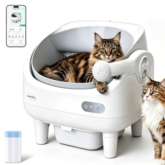 MAGOO Automatic Cat Litter Box for Multiple Cats, Self Cleaning Litter Box, App Control, Spray Attachment, Safety Protection, White