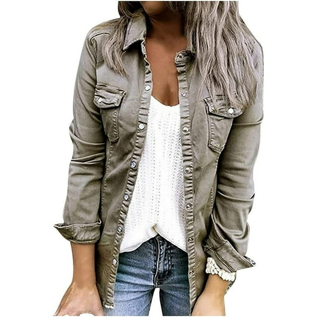 Fashion Womens Loose Solid Color Long Sleeve Denim Button Pocket Shirt Jacket
