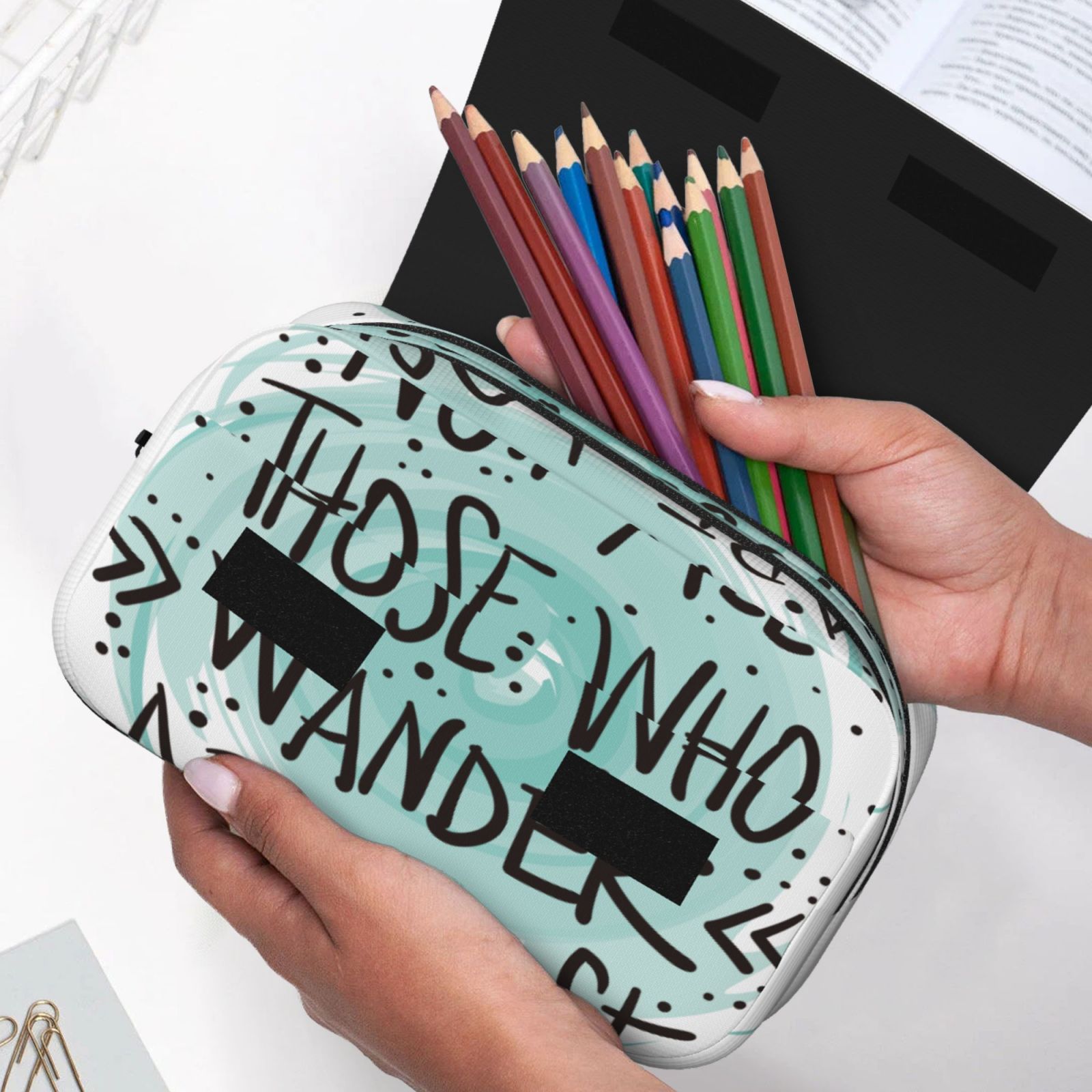 Rateoe Not All Who Wander Are Lost1 Pattern Double Clamshell Pen Case, Storage Organizer with Two Zipper Compartments– Holds Up to 50 Pencils & Pens