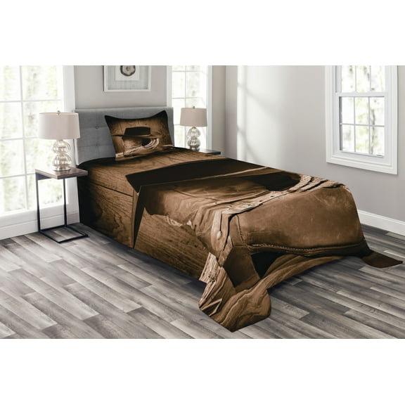 Ambesonne Western Quilted Bedspread Set 2 Pcs, Wild Cowboy Hat Wooden, Twin Size, Brown