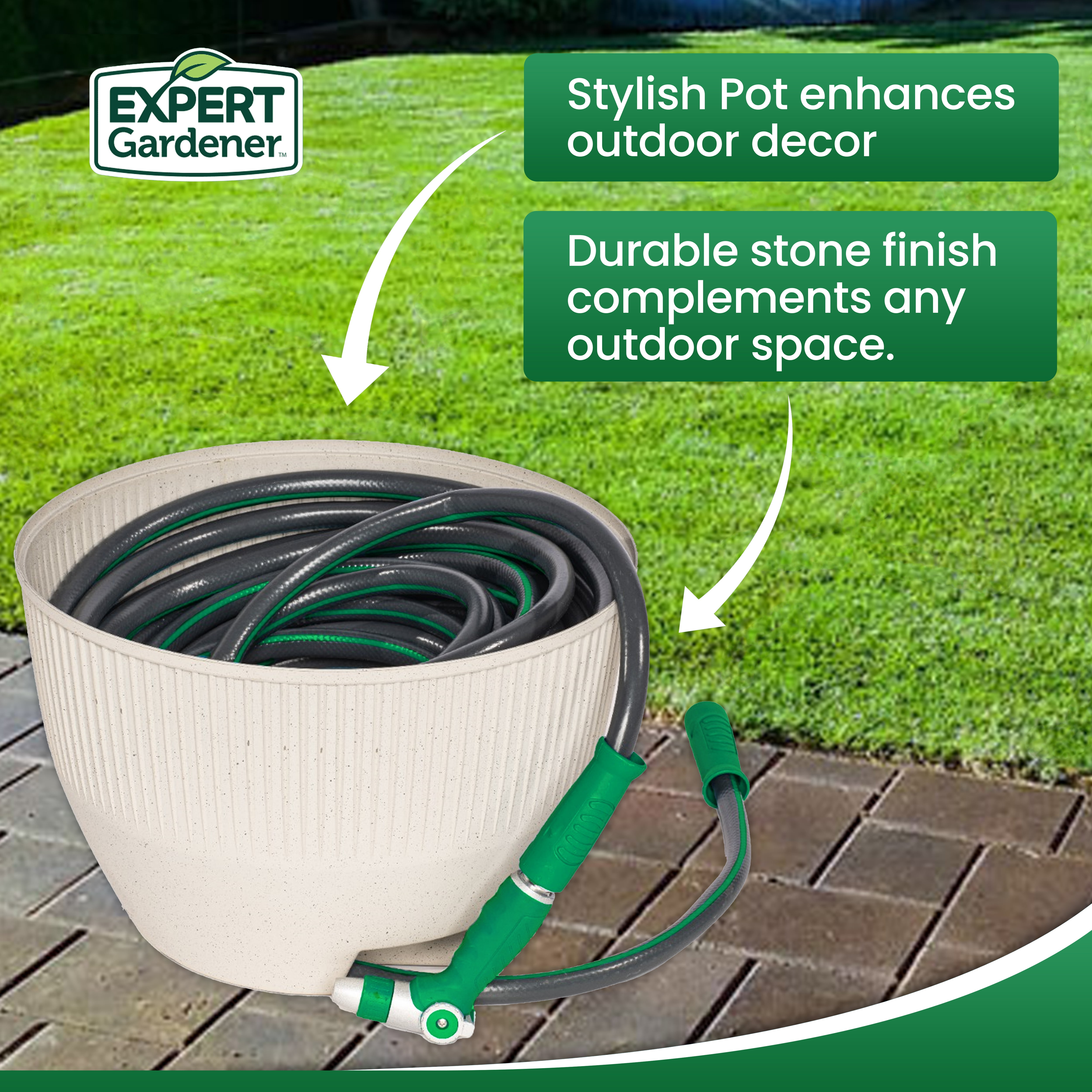 Expert Gardener Hose Pot in Resin with Built-in Drainage and Stone Finish 18" W x 18" D x 12" H