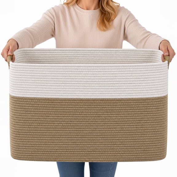 Findosom 100L Large Woven Storage Basket Cotton Rope Laundry Basket Hamper Clothes Organizer Toy Storage Blanket Baskets for Bedroom,Bathroom,Playroom,Living Room 24"x19"x13"(100L) Brown and White
