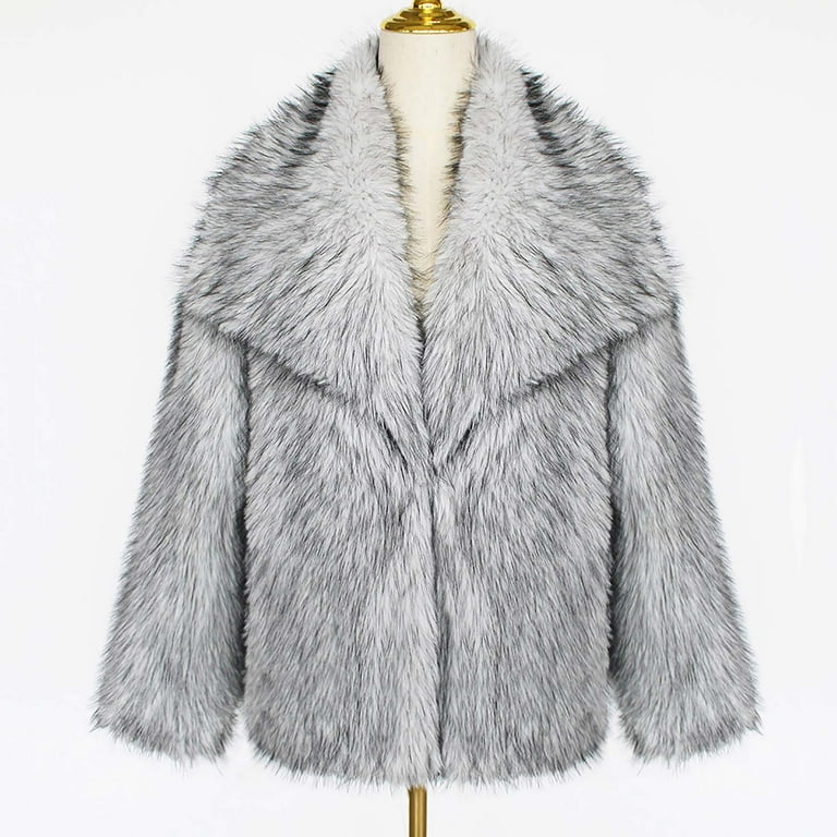Mens Faux Fur Jacket Fluffy Furry Zipper Coats Lapel Collar Long