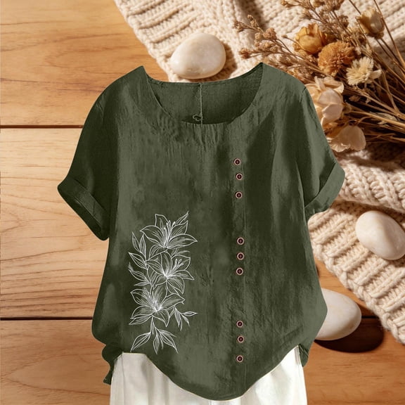 Vmvidoty Women's Cotton Linen Top Short Sleeved Button T-Shirt Round Neck Casual Blouses Tee Top Army Green XXXXXL