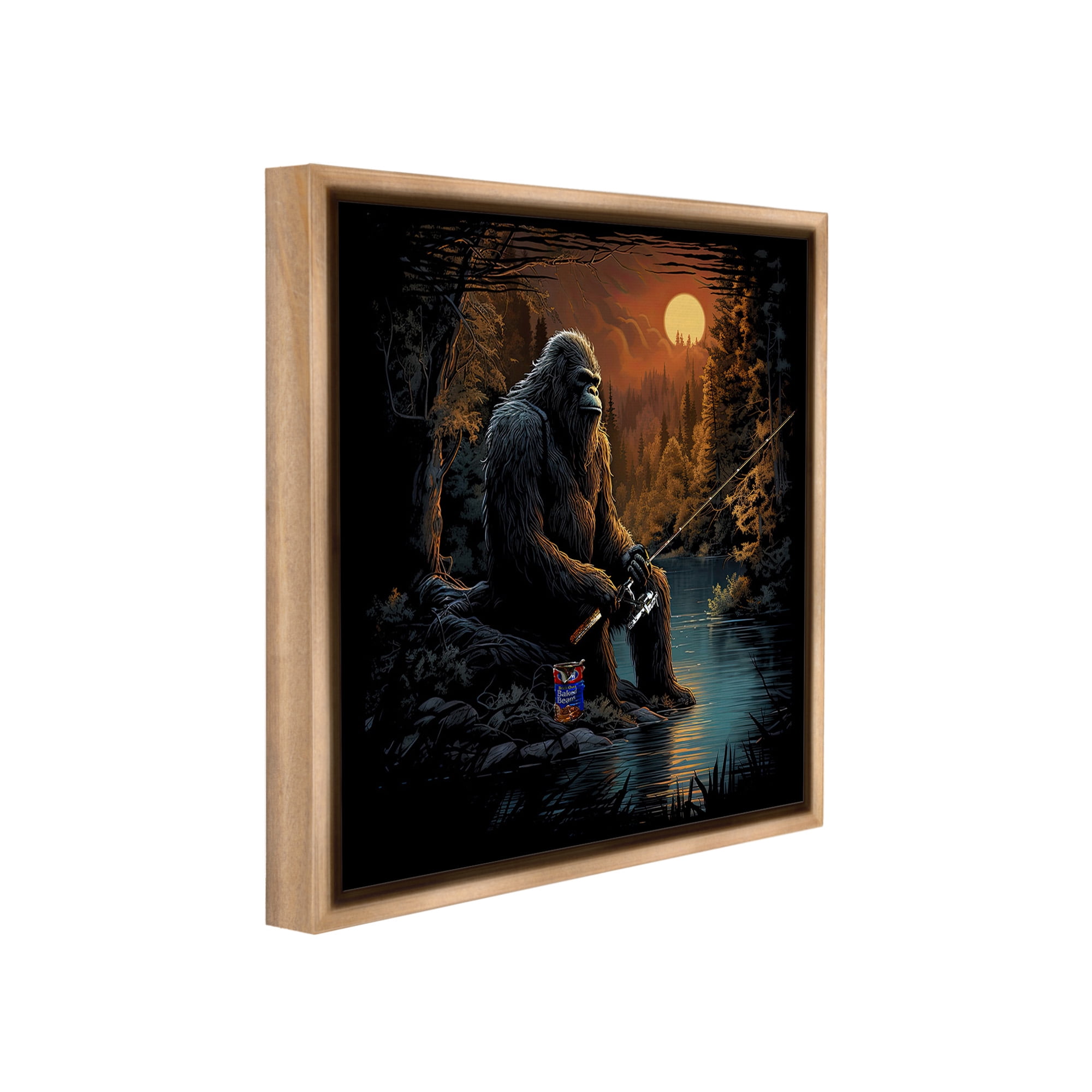 Stupell Industries Monster Fishing at Lake Fairy Tales & Fantasy Painting Brown Floater Framed Canvas Art Print Wall Art, 25 x 25