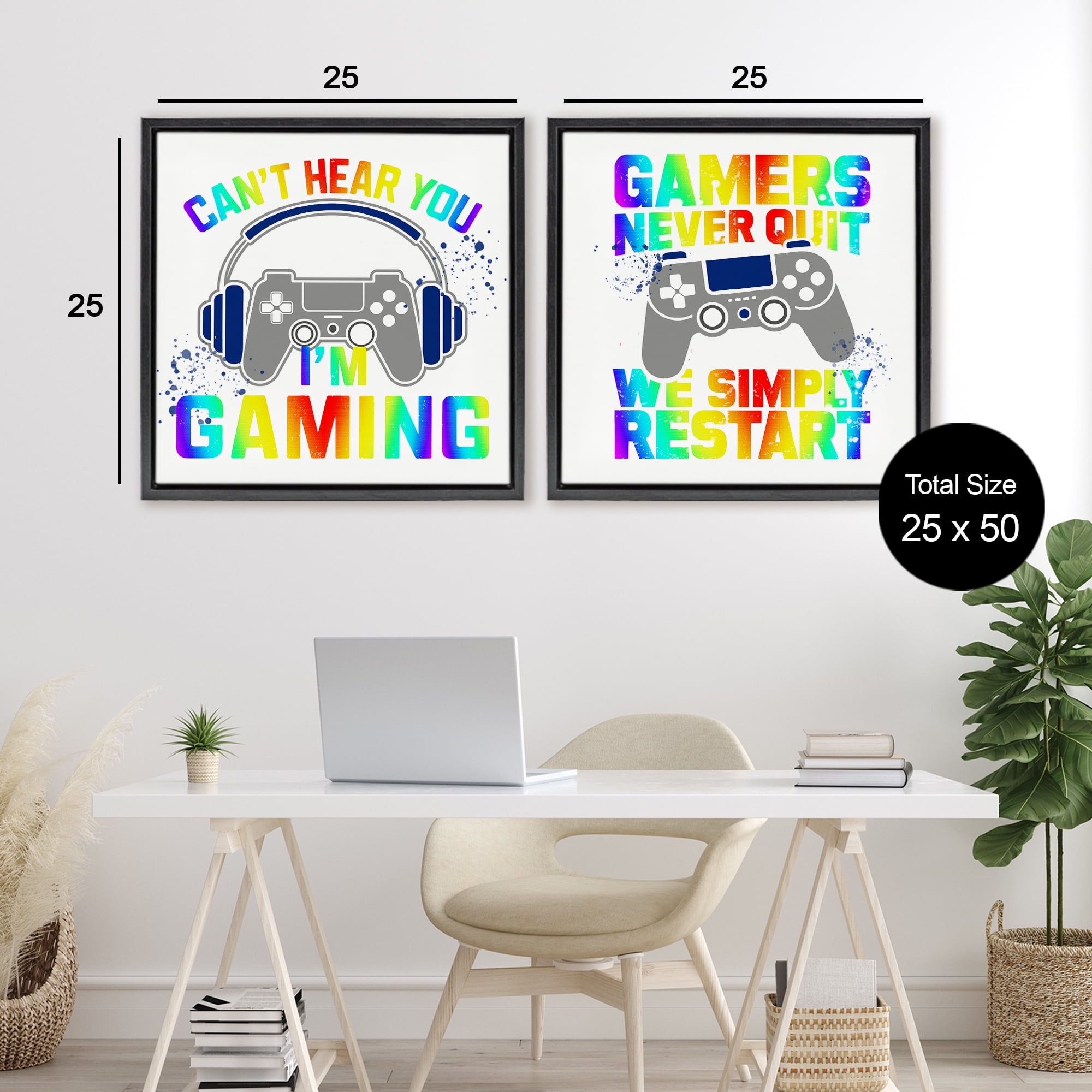 Rainbow Retro Gaming Phrases 2 Piece Black Framed Floater Canvas Set, design by Kim Allen