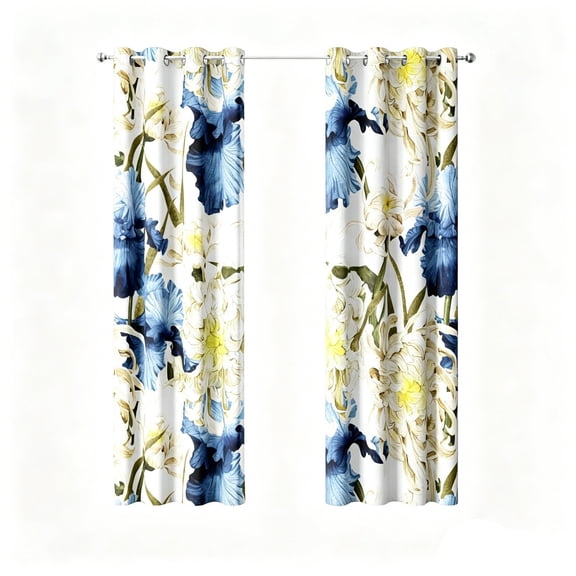SUYOLL Blue Yellow Chrysanthemum Floral Tier Curtains, 2 Panels Light Filtering Rod Pocket Short Window Drapes, Washable Decorative Curtain for Kitchen Bathroom Small Window Home Decor