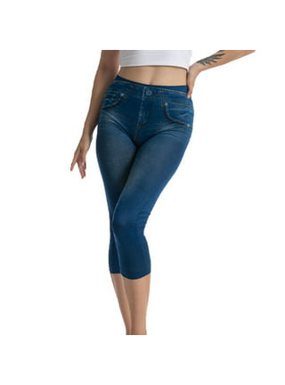 MAWCLOS Women Faux Denim Capris Tummy Control Fake Jeans Capri