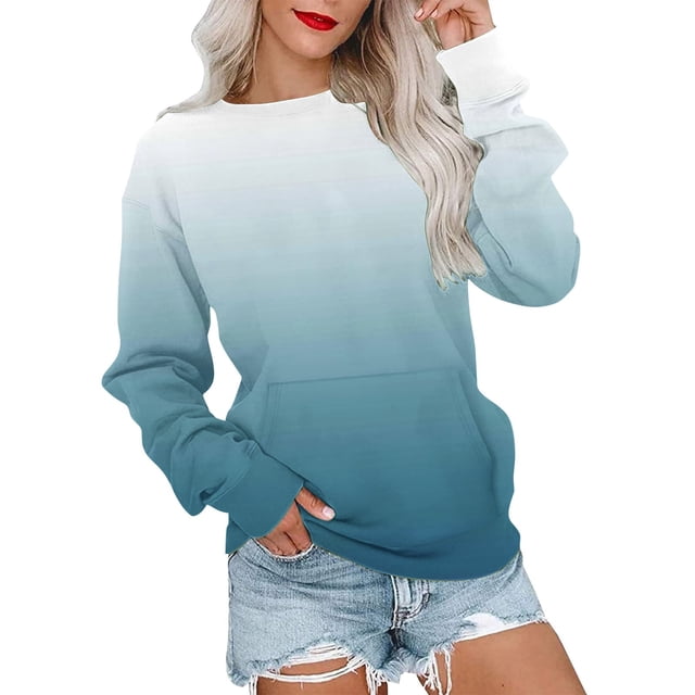 Frostluinai Chandail pour Femmes à Manches Longues, Col Rond, Coupe Ample, Chandail Mode Dégradé, Chandails Légers d'Automne avec Poche