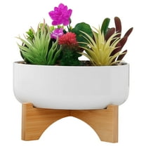 6.42" x 2.28" Round Bowl Ceramic Planter Pot with Wooden Stand, Large Ceramic Flower Pot Succulent Planter Pot