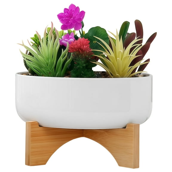 6.42" x 2.28" Round Bowl Ceramic Planter Pot with Wooden Stand, Large Ceramic Flower Pot Succulent Planter Pot
