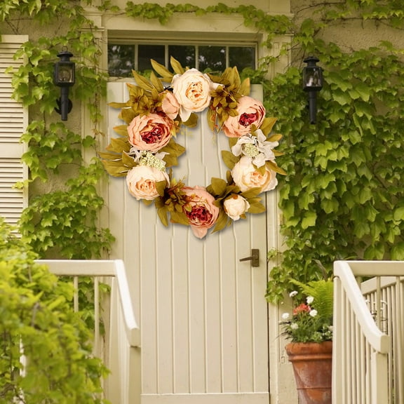 Artificial Peony Flower Wreath - Vintage Blooming Silk Peonies Spring Summer Fall Winter Large Wreaths Flower Green Leaves for Outdoor Front Door Indoor Wedding Wall Or Window Décor