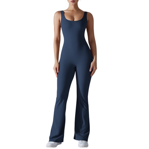 Women's Sleeveless Flared Jumpsuit Sexy Backless Bodycon V Back Bodycon Yoga Jumpsuit Seamless Fitness Bodysuit