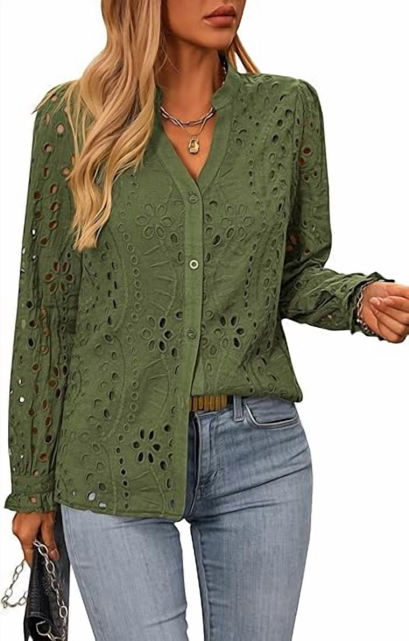 FreshPretty Women's Long Sleeve Shirts Button Down Dressy Casual Blouses V Neck Embroidery Hollow Out Tops Fall Winter Clothes