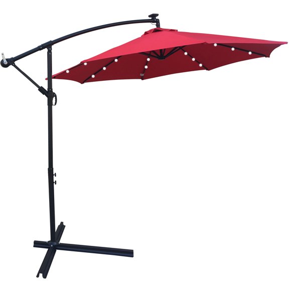 Solar Powered Outdoor Umbrella, SYNGAR 10ft Patio Offset Hanging Umbrella with 24 Solar Powered LED Lights, Crank & Cross Base, Outdoor Umbrella for Backyard Poolside Deck Lawn Garden, Chocolate, D117