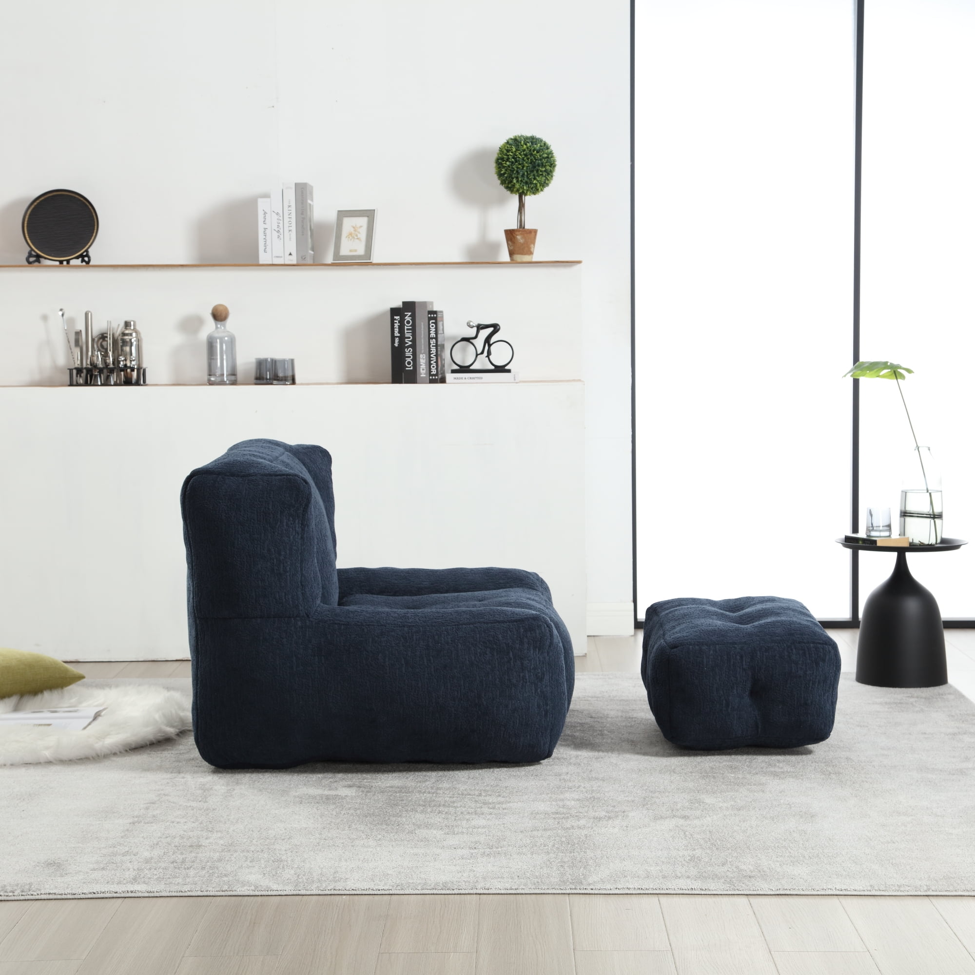 Accent Chair with Ottoman Set,Modern Velvet Bean Bag Chair for Adults and Childs,Upholstered Lazy Sofa Chair Armchair for Living room, Bedroom, Apartment,Blue
