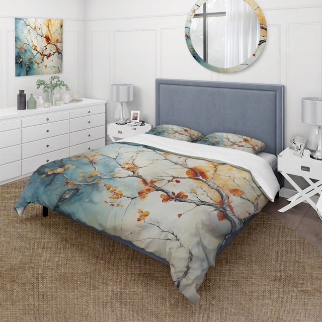 Designart "Orange Blue Maple Tree Glowing Agate I" Floral Bedding Covert Set - Tree Maple Orange Traditional Bed Set With 2 Shams