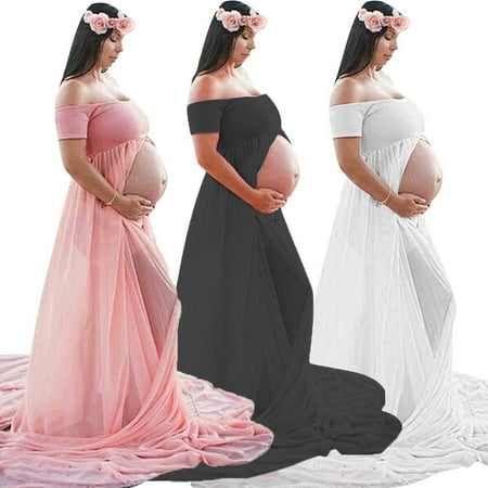 

Sunjoy Tech Maternity Off Shoulder Chiffon Gown for Photography Split Front Maxi Pregnancy Dress for Photoshoot