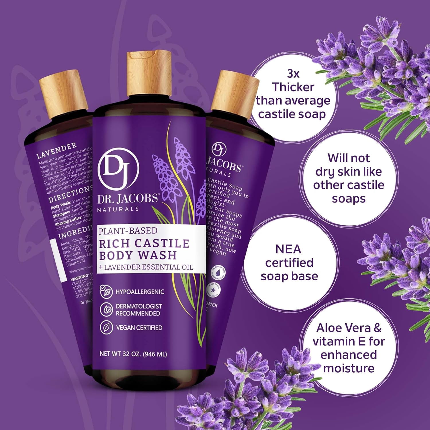 Dr Jacobs Naturals Castile Soap Body Wash Plant Based Liquid Soap, Lavender 32 Oz 3-Pack