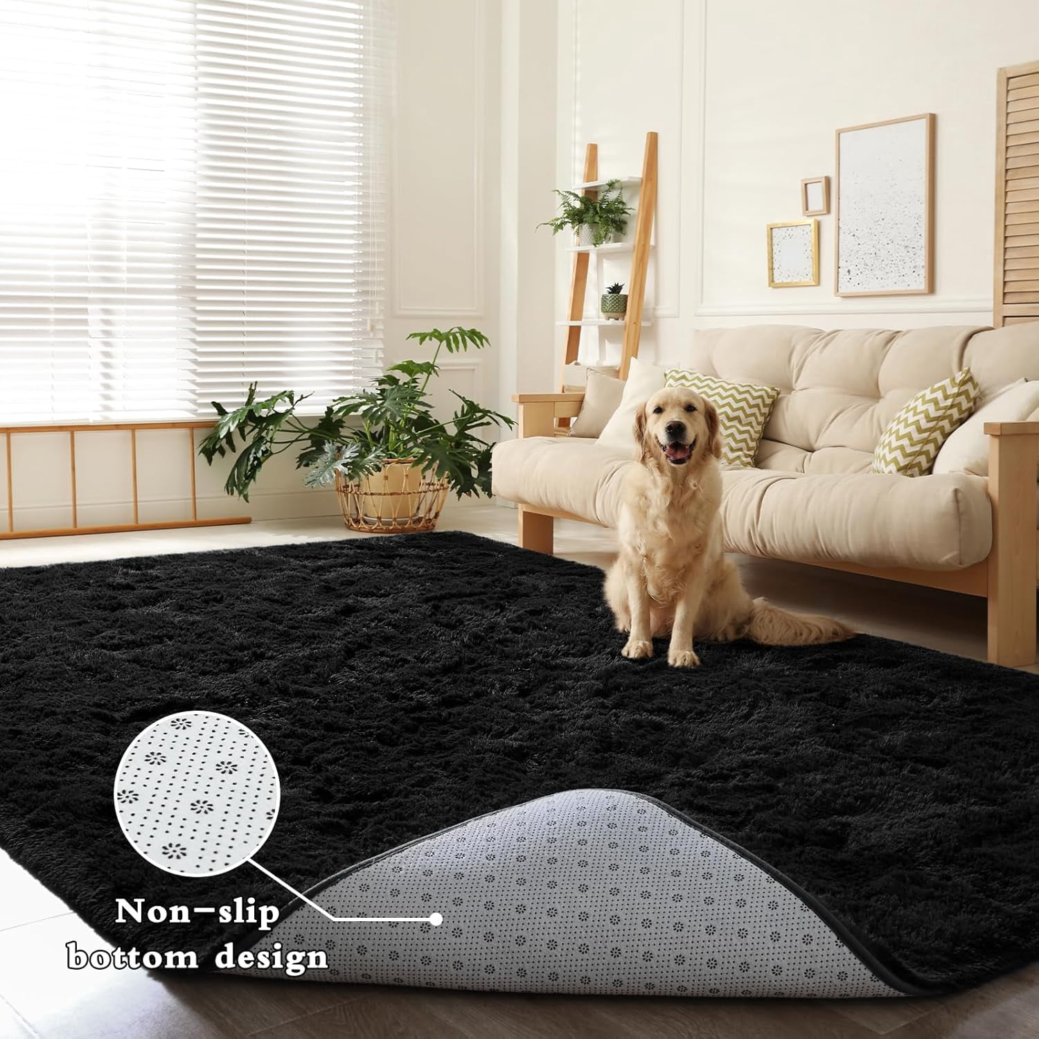 Homore Cute Fluffy Velvet Carpet Soft Washable Area Rugs for Bedroom/ Living Room Decoration,9'x12',Black